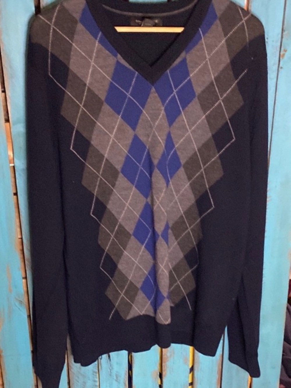 Banana Republic extra fine merino wool Argyle V-Neck Sweater XL Blue Gray